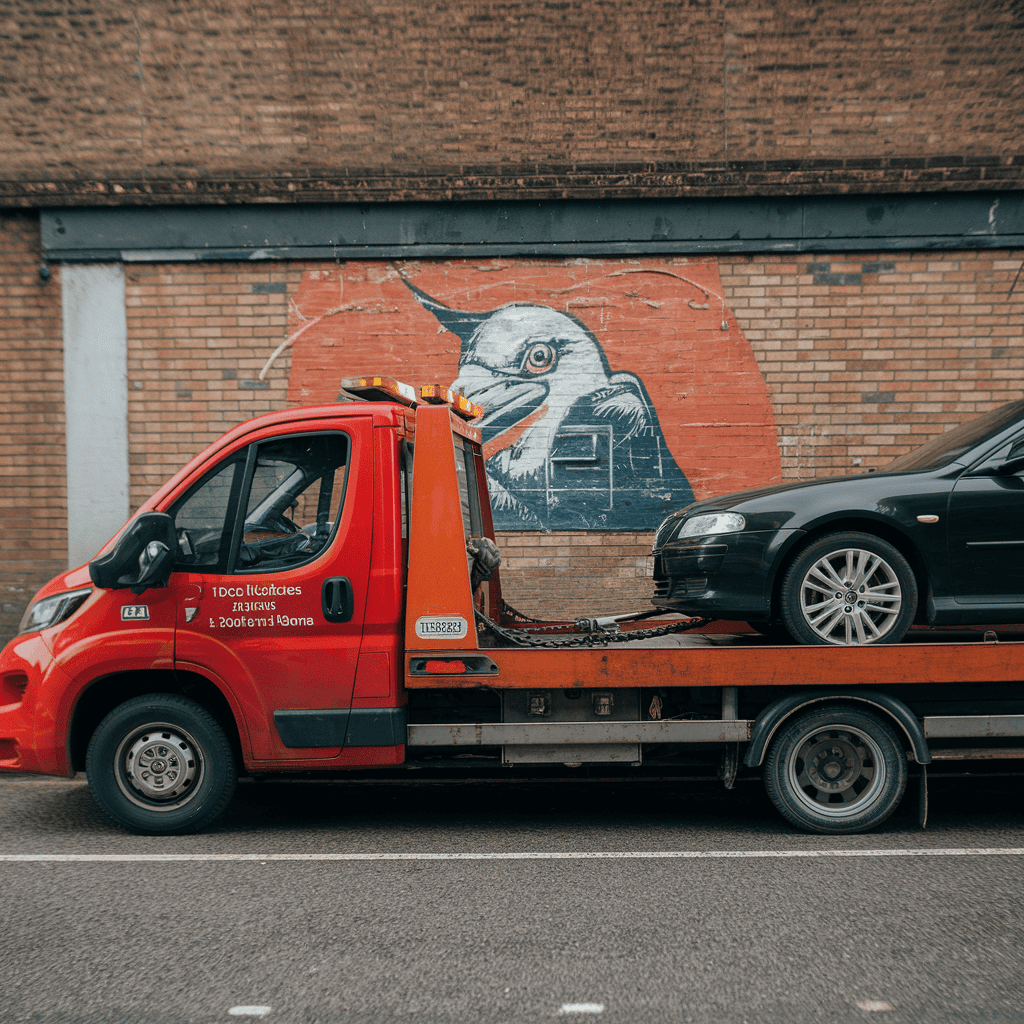 A british tow truck in a town.