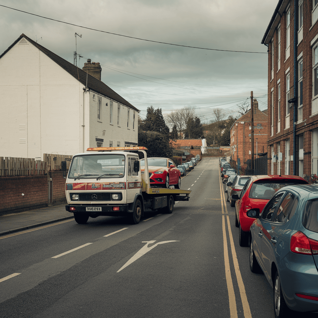 A british tow truck in a town.