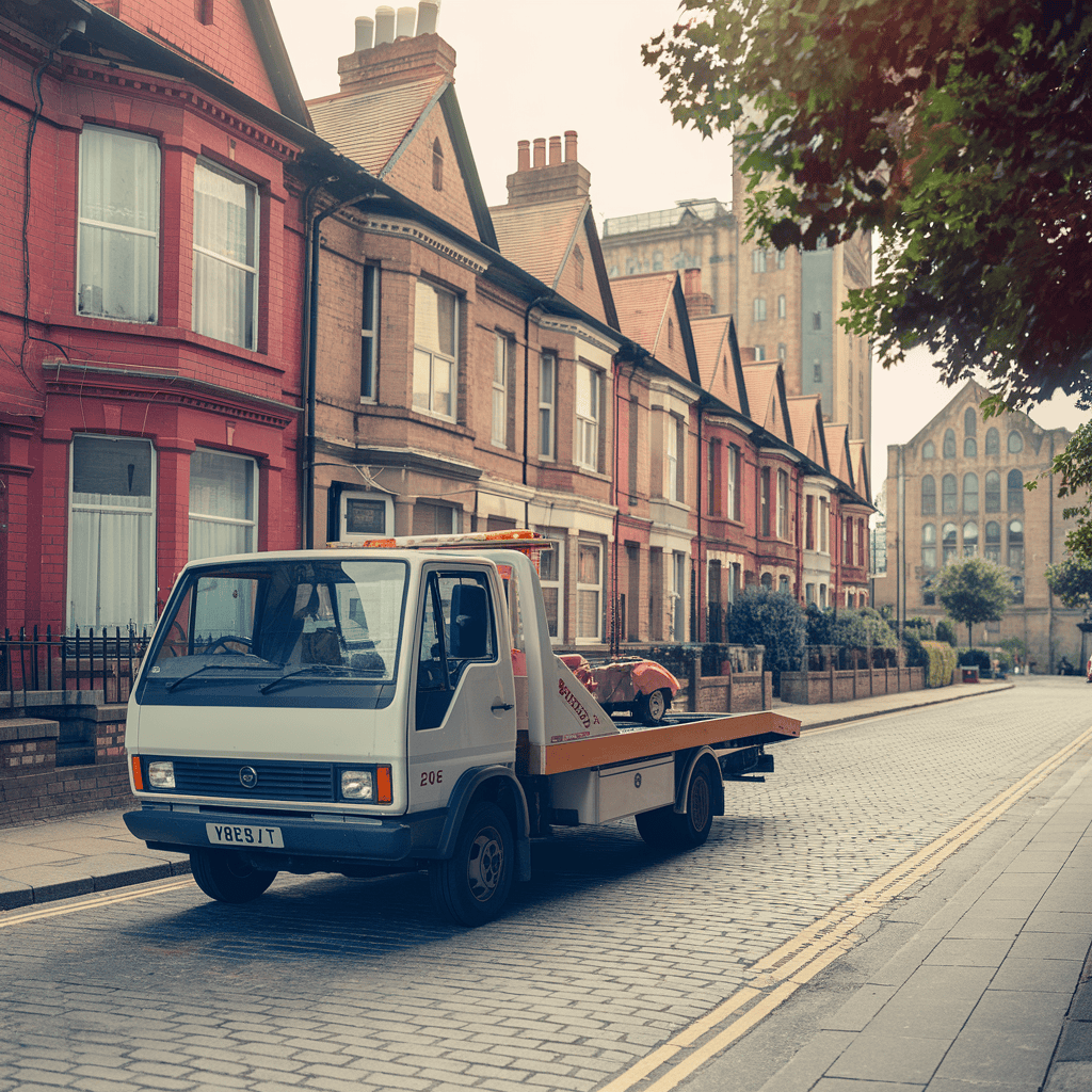 A british tow truck in a town.
