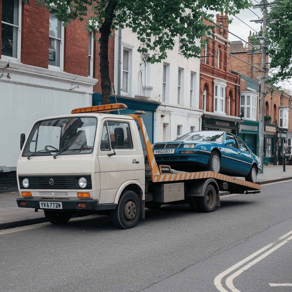 A british tow truck in a town.