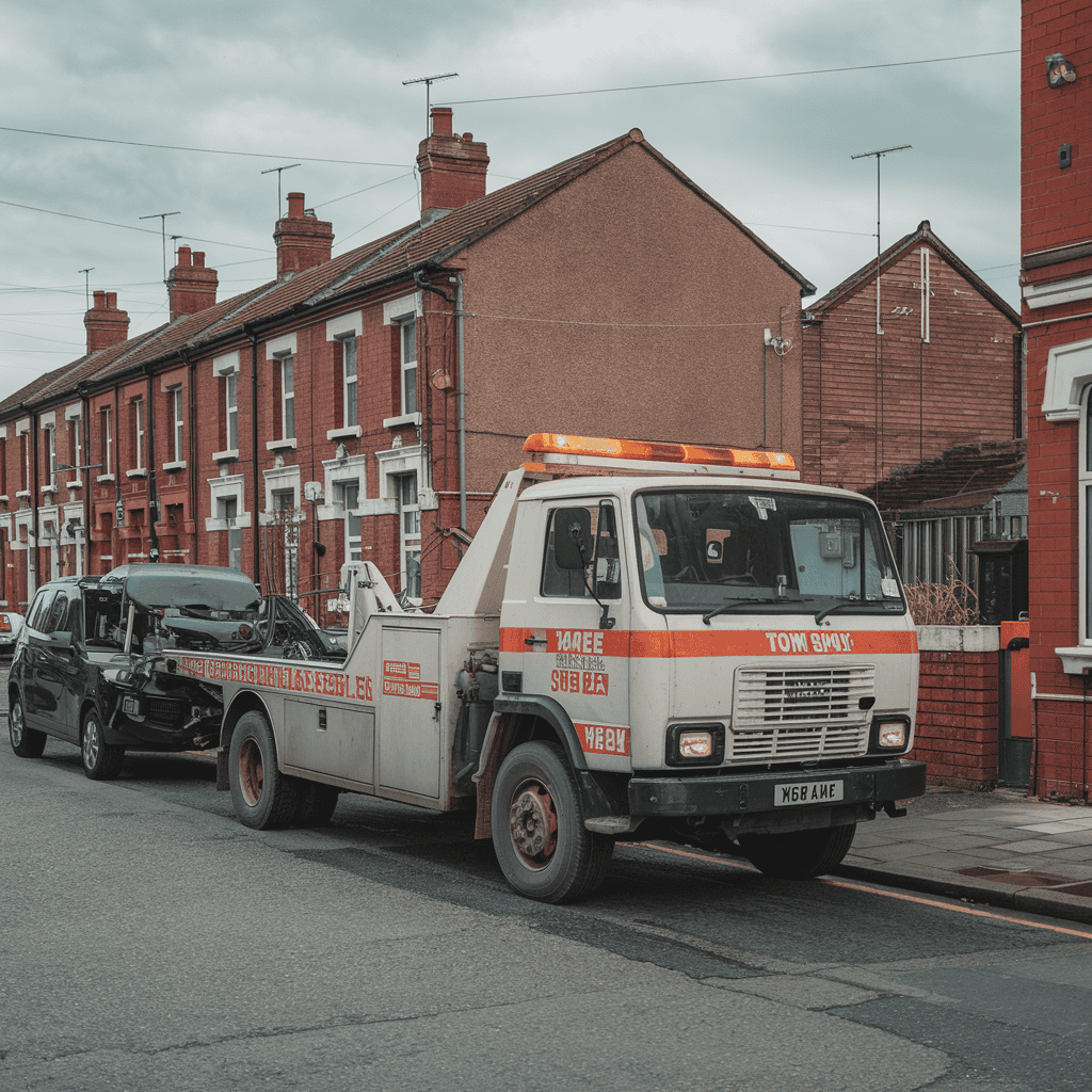 A british tow truck in a town.