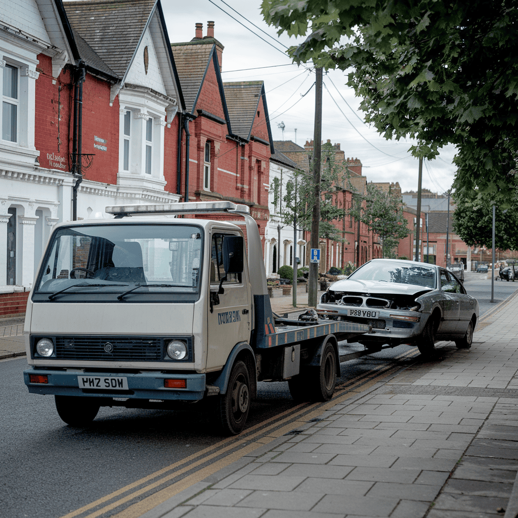 A british tow truck in a town.