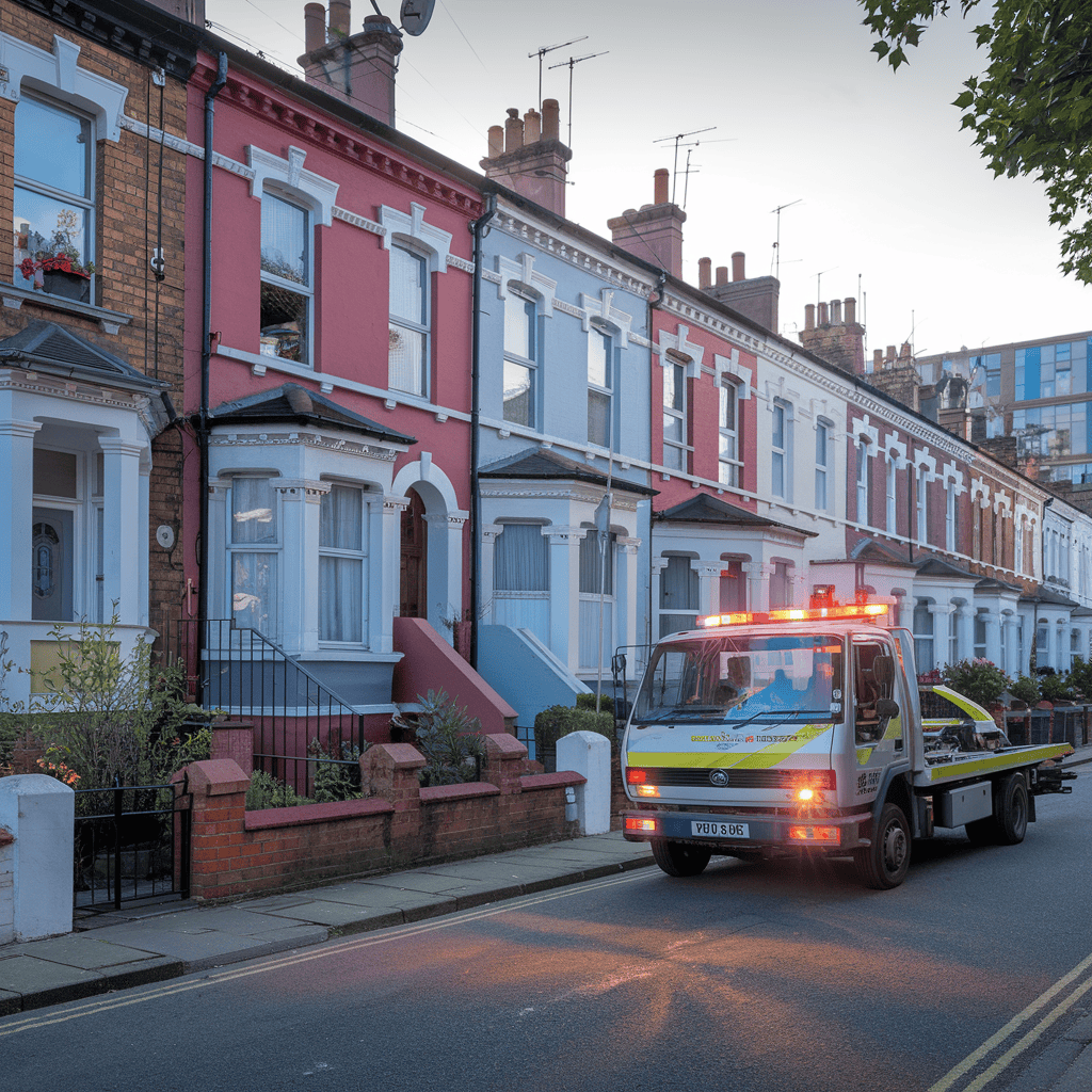 A british tow truck in a town.