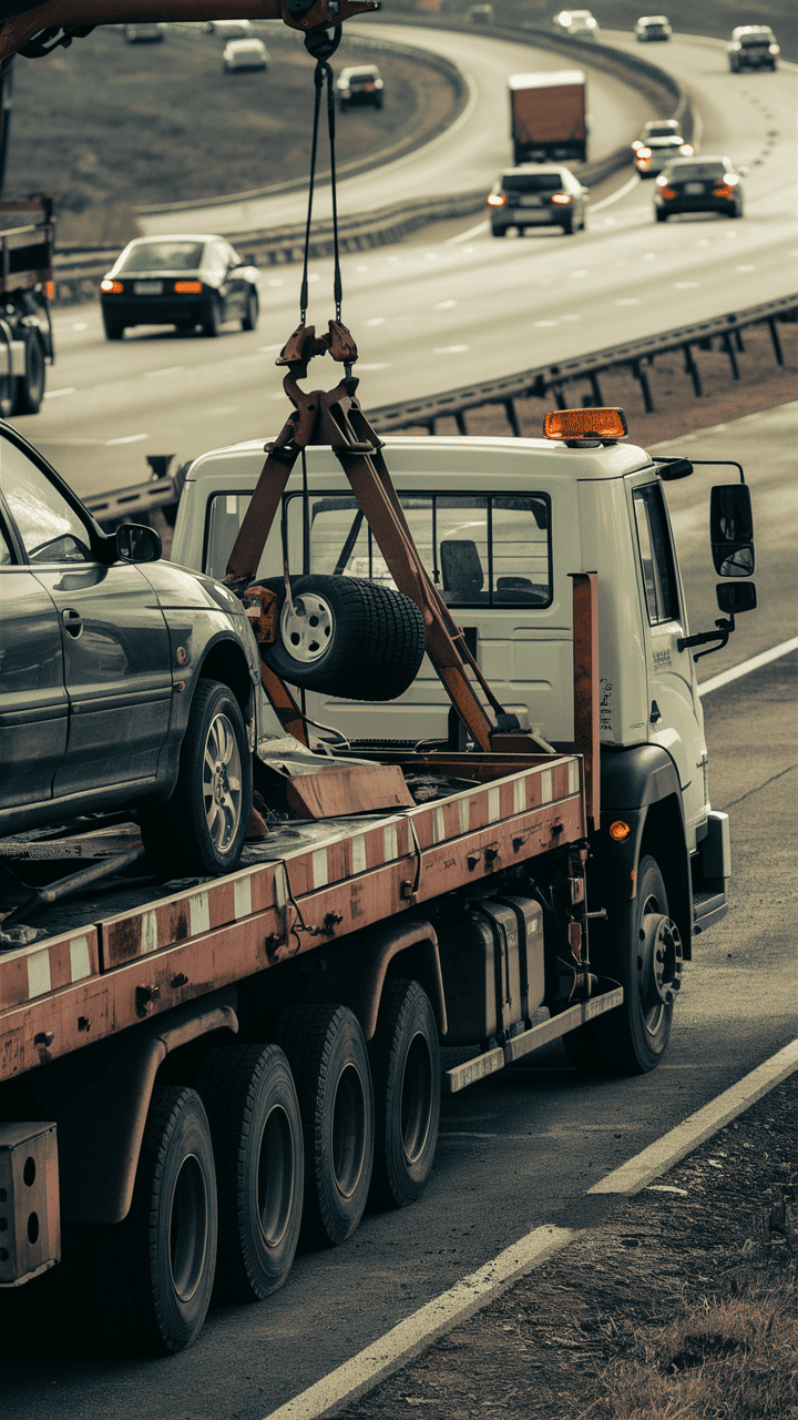 A vehicle on the back of a tow truck.