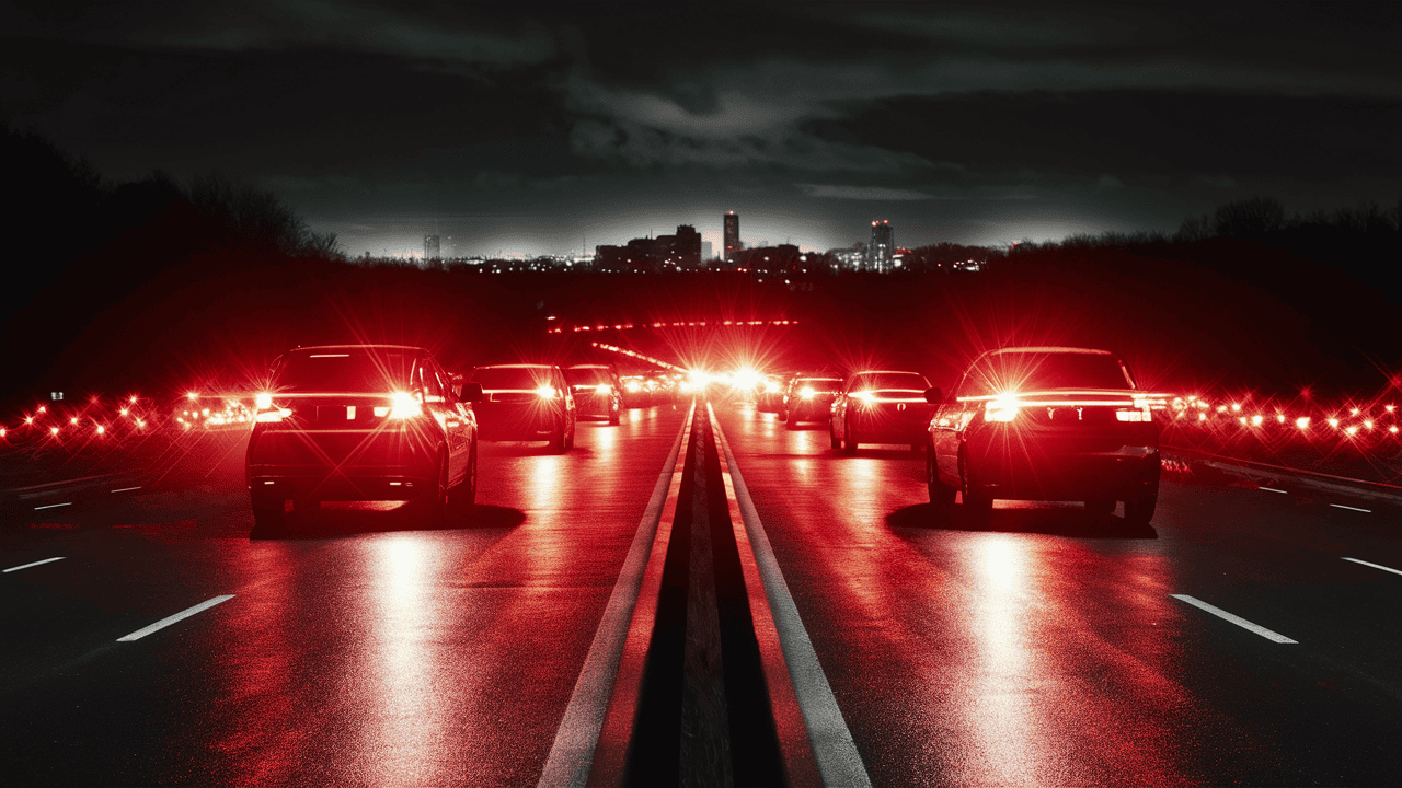 A night photo of a motorway with cars stopped and red lights.
