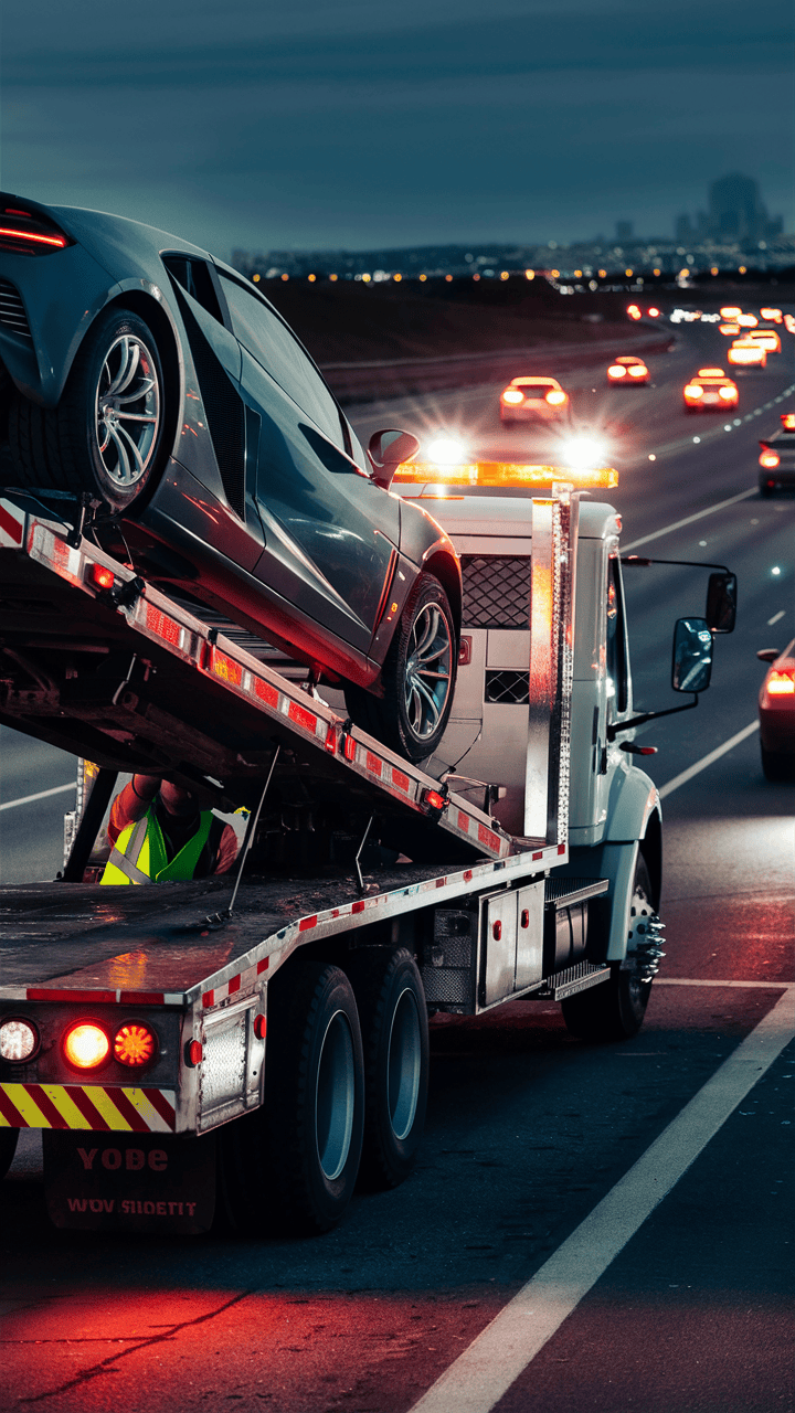 A vehicle on the back of a tow truck.