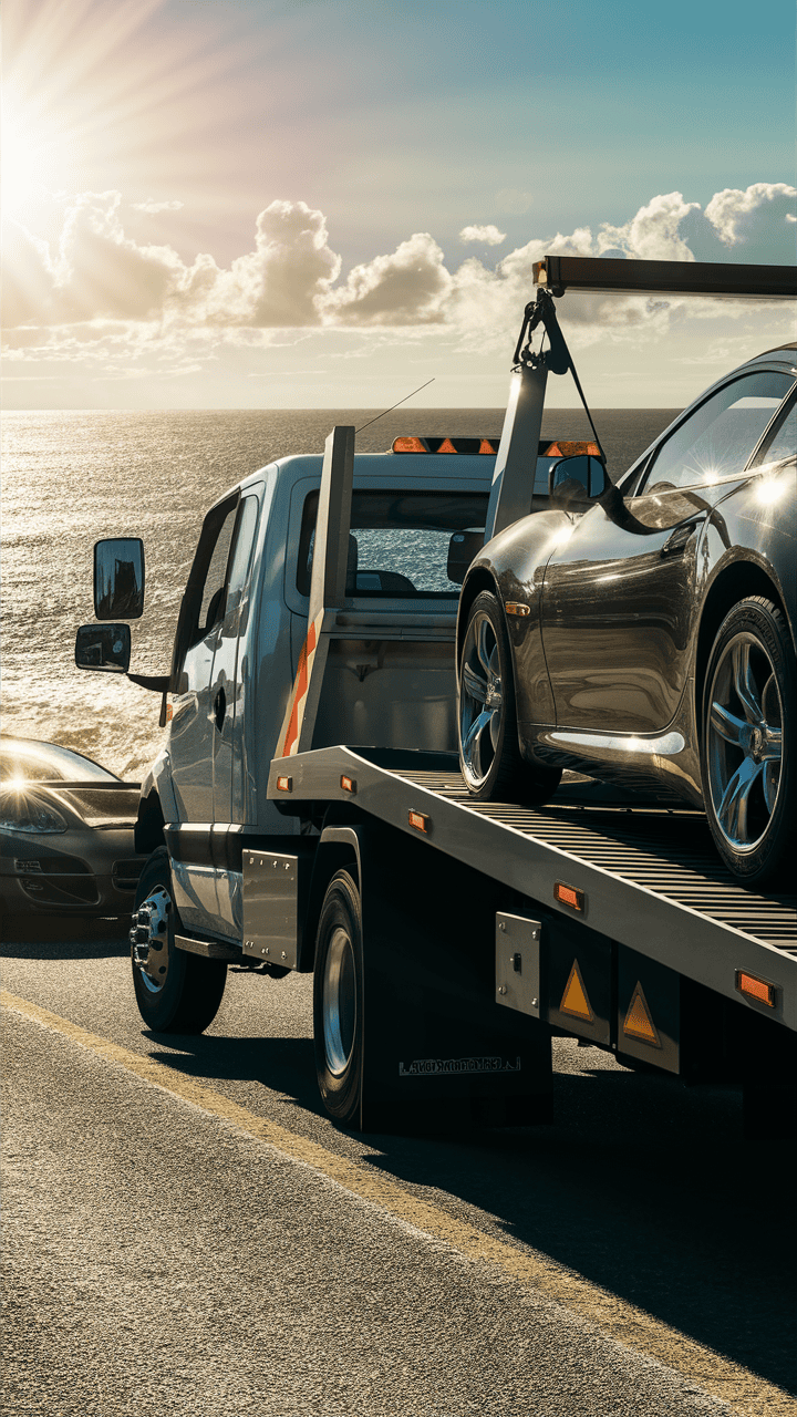 A vehicle on the back of a tow truck.