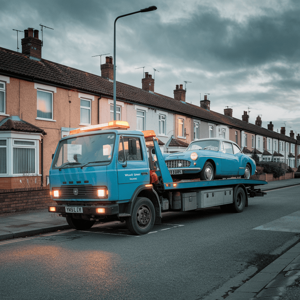 A british tow truck in a town.
