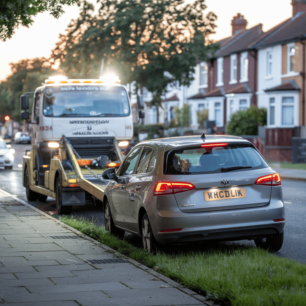 A british tow truck in a town.