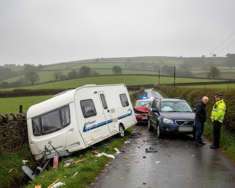 A caravan and crashed car on a rural touring lane with police in attendance &mdash; the kind of caravan accident I get called out to