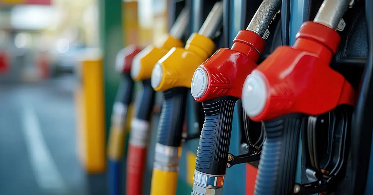 Row of fuel pump nozzles at a petrol station forecourt