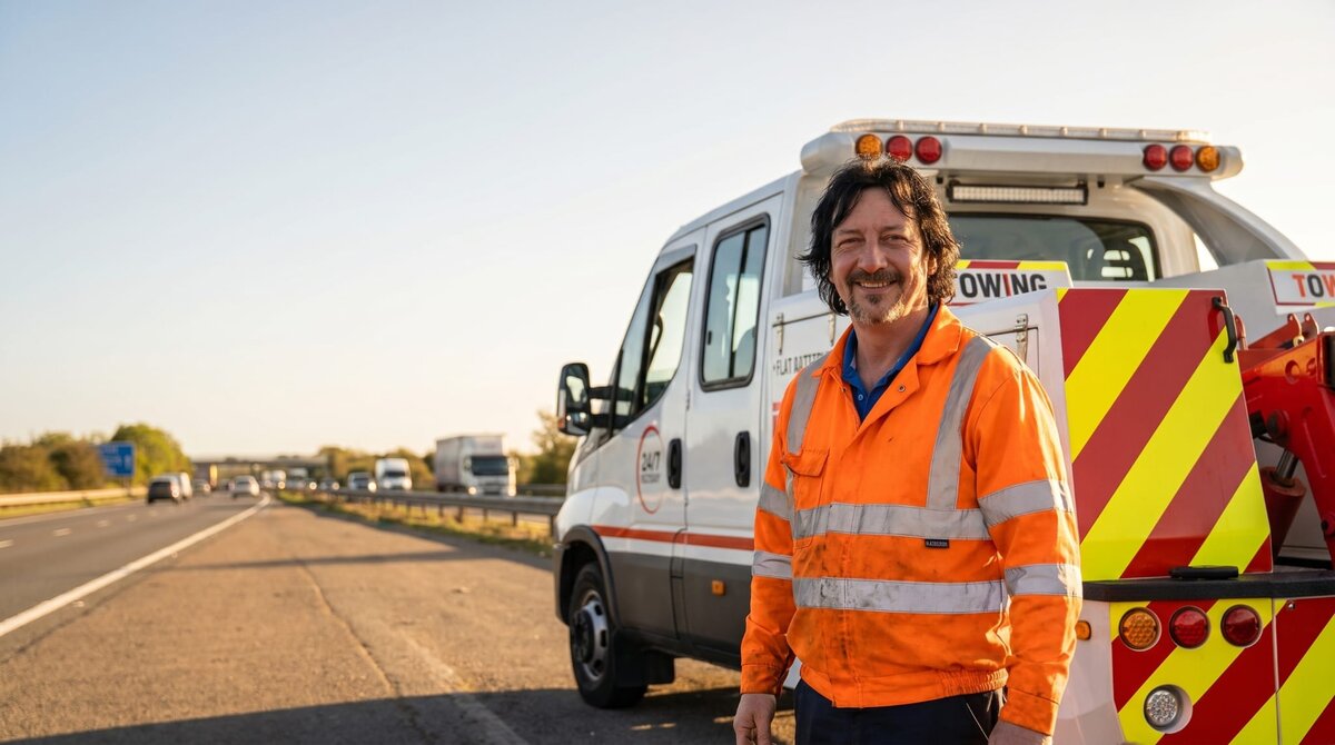 Simon in hi-vis stood beside the Breakdown Man 24/7 recovery truck on the motorway at sunset, covering Hindley.