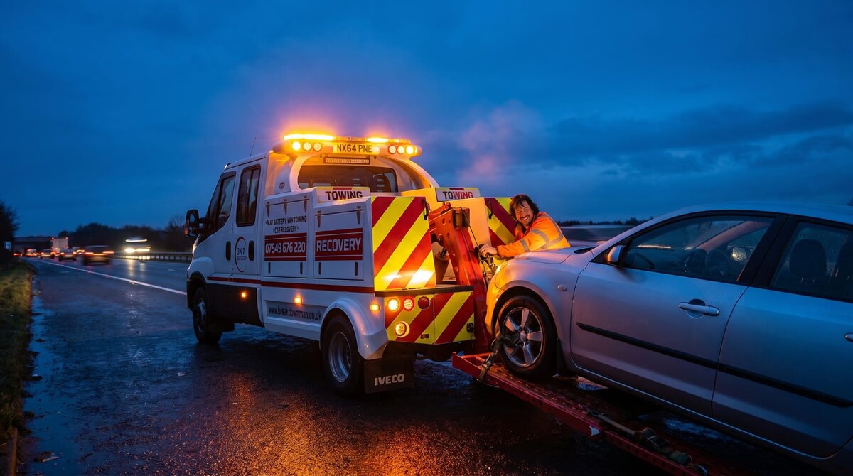 Breakdown Man's Iveco recovery truck winching a silver hatchback onto its flatbed at dusk on the Rochdale stretch of the M62.