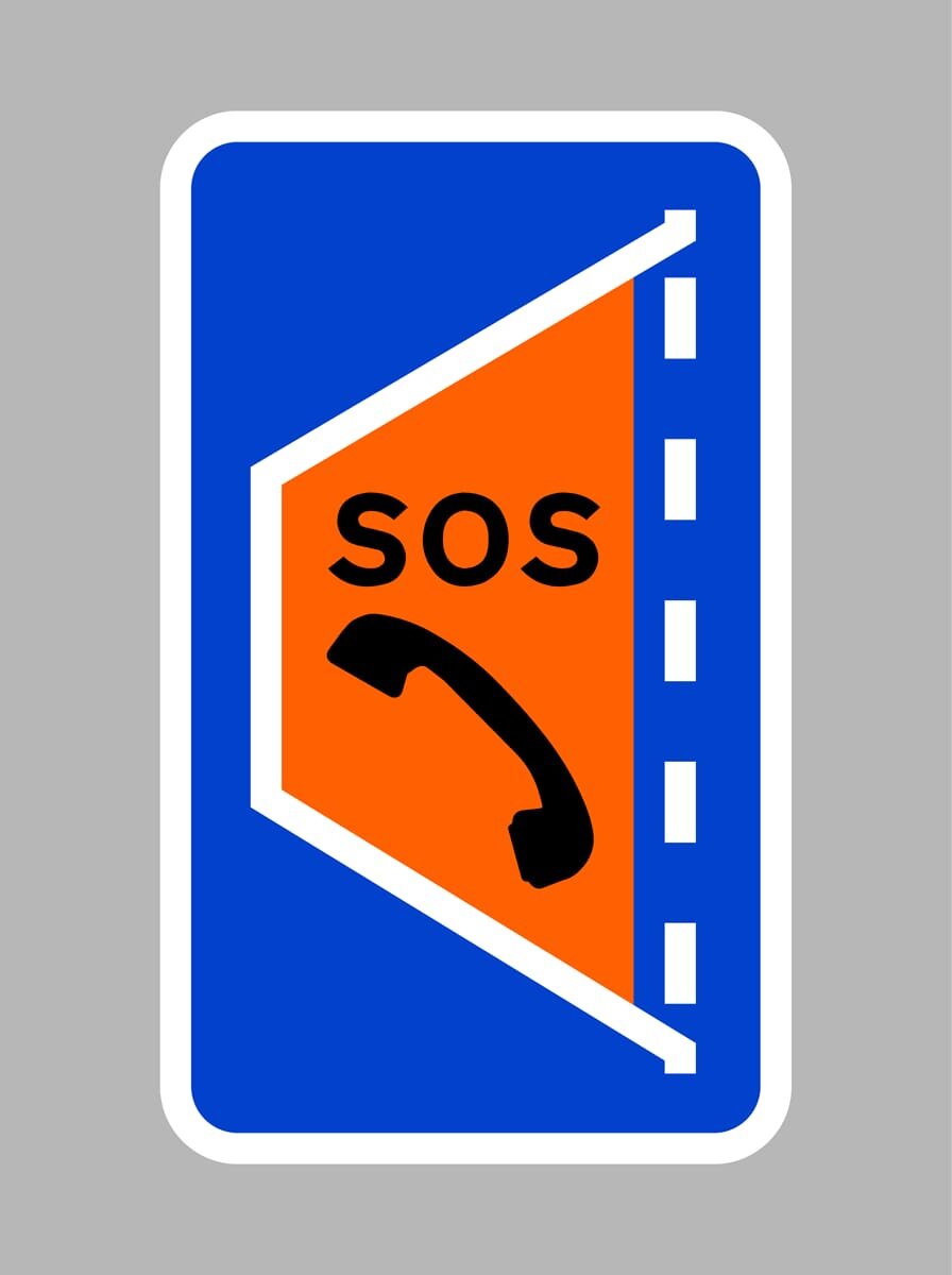 Roadside SOS emergency phone sign — orange marker showing arrow to nearest motorway emergency telephone.