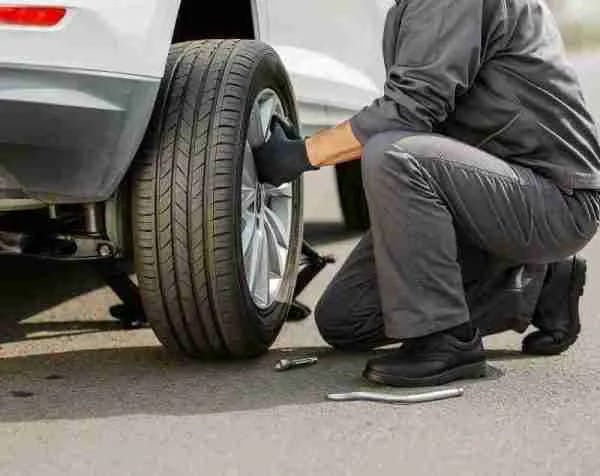 A tyre fitter crouched at a car wheel on a driveway